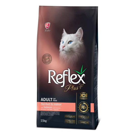 Reflex plus 1.5 kg adult hairball & indoor salmon للقطط البالغة بنكهة السالمون