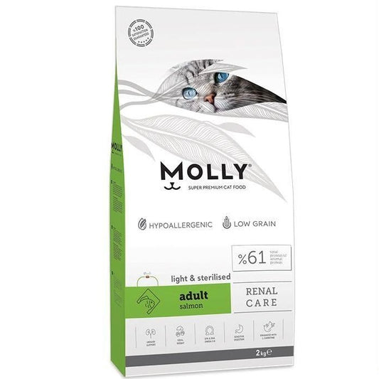 Molly 2kg renalcare light &amp; sterilised for sterilised cats salmon flavour