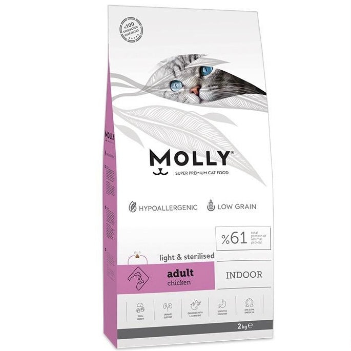 Molly 2kg indoor light & sterillised للقطط المعقمة بنكهة الدجاج